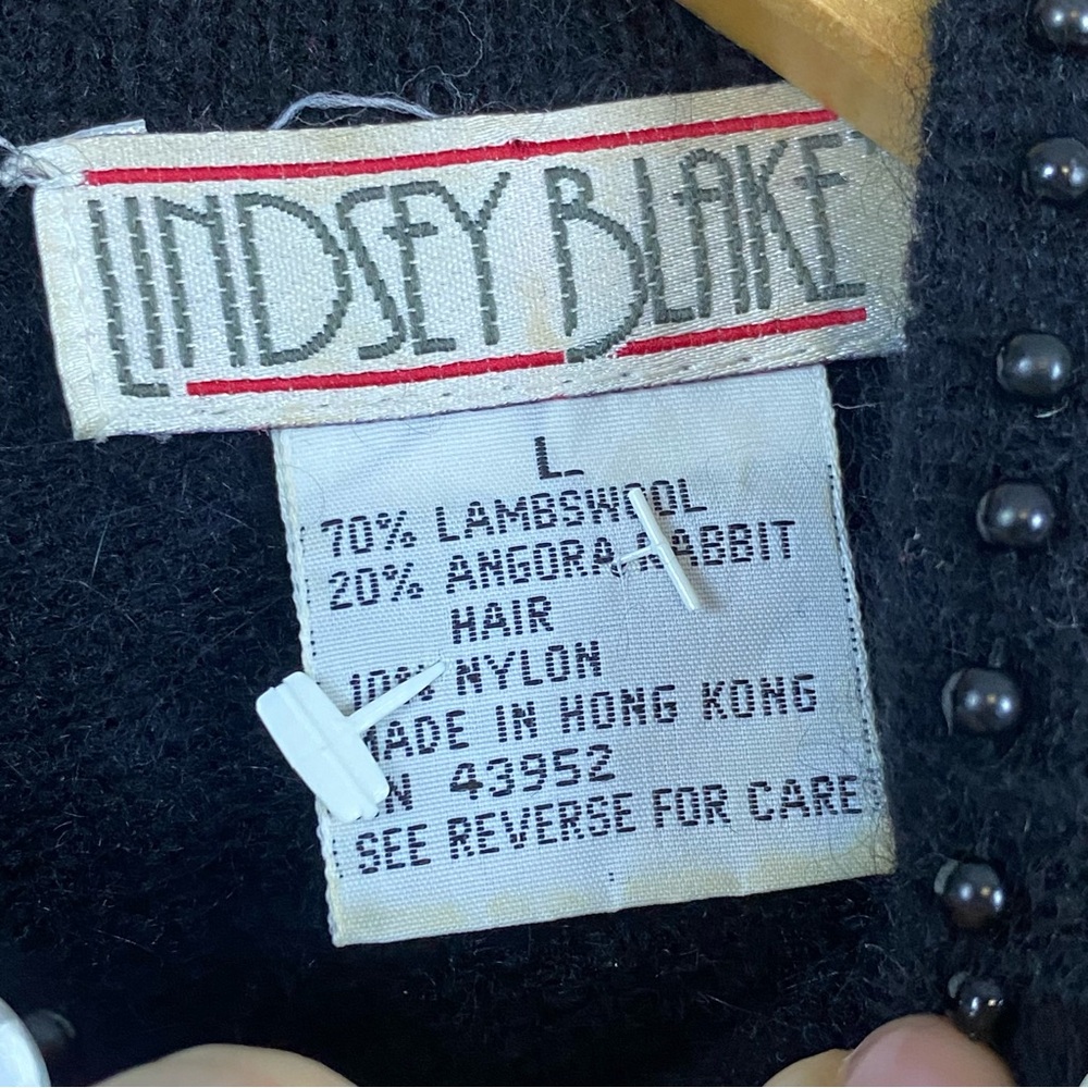 Lindsey Blake Lambswool Angora 80s Vintage Sweater L Black Beaded Rhinestones - Picture 10 of 14